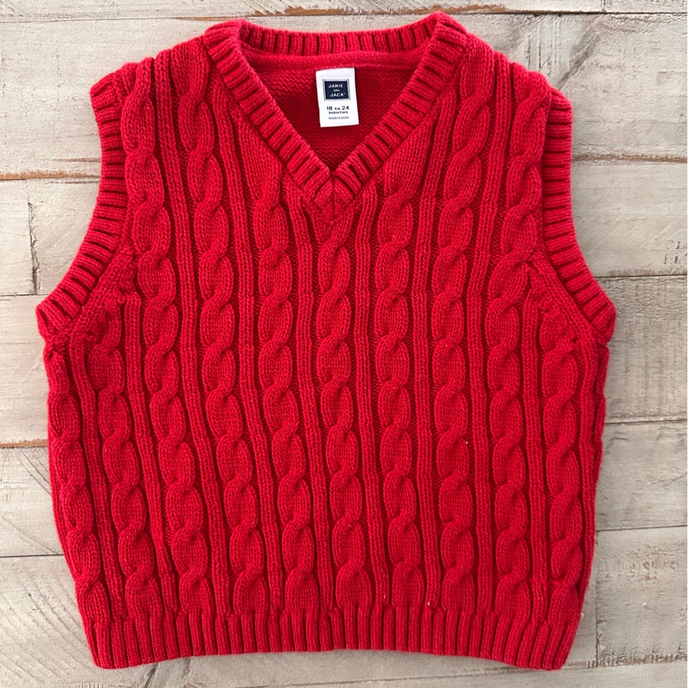 Janie and Jack Red V-Neck cable knit Sweater Vest. 18-24M